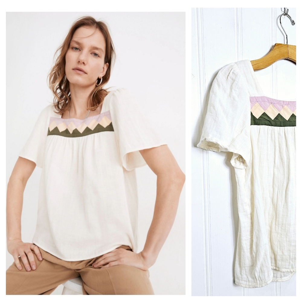 Madewell Cream Cotton Gauze Patchwork Square Neck Flutter Sleeve Top XS